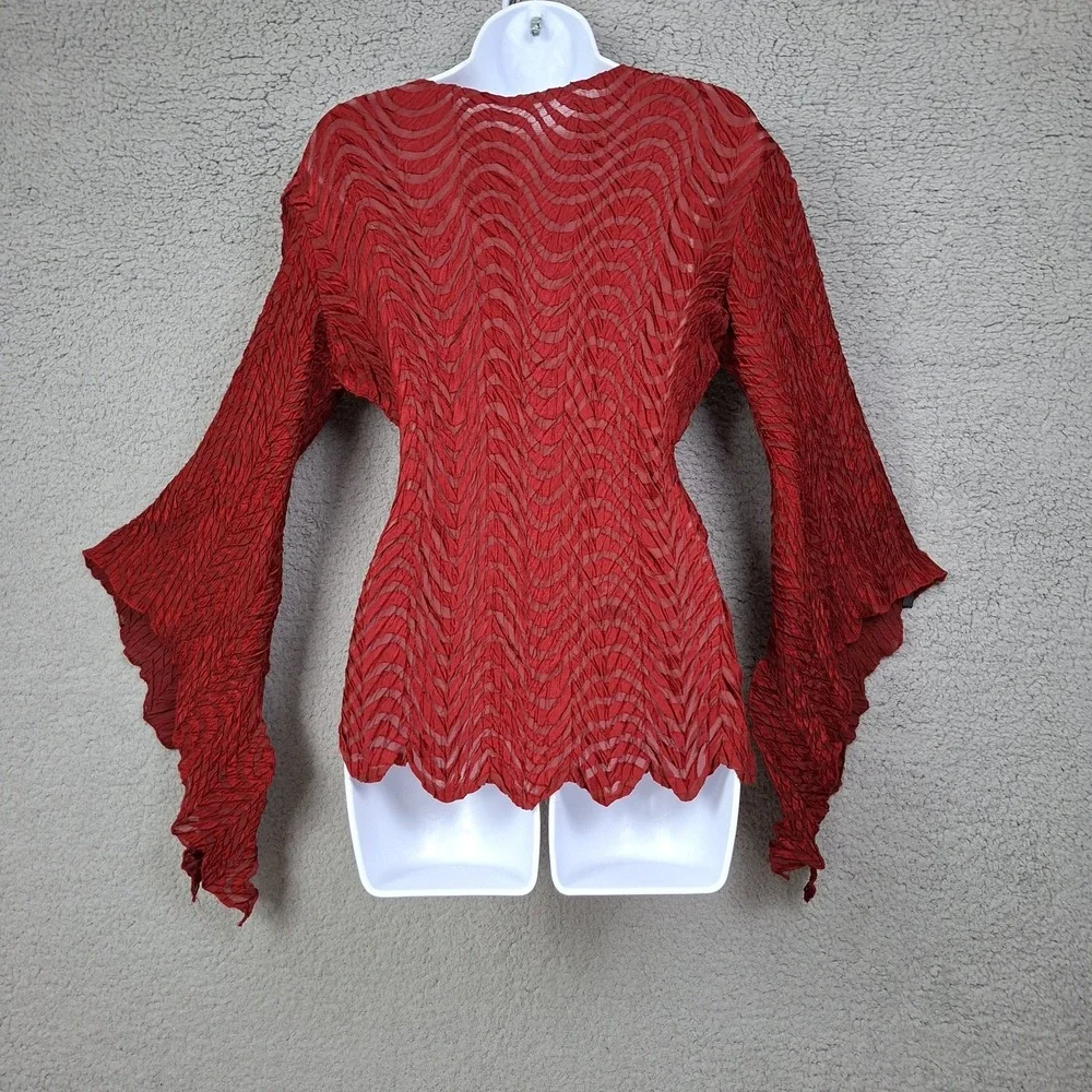 Women's Red Crinkle Whimsigoth Long Sleeve Wrap Top Scalloped Hem V neck XL-2X